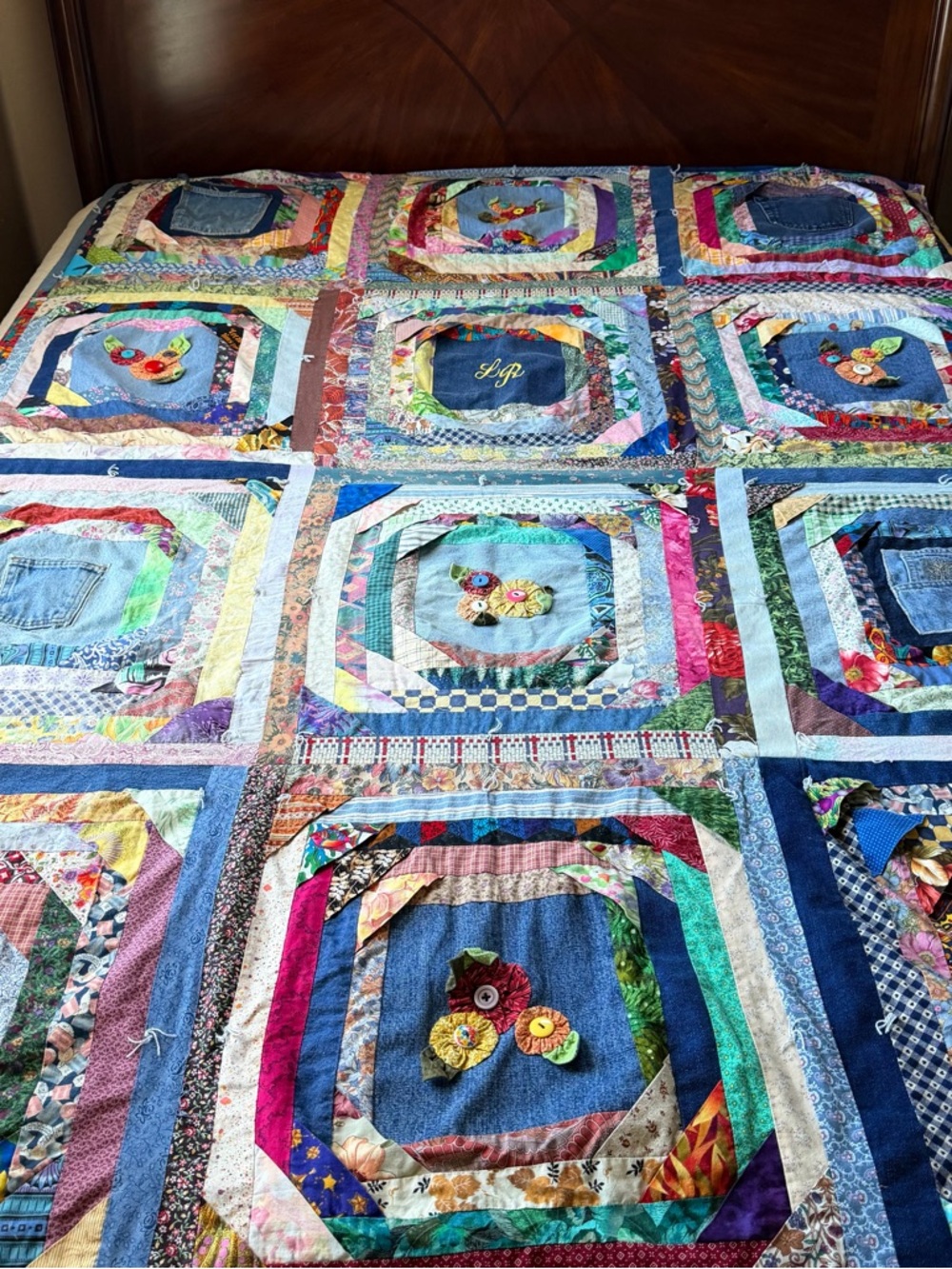 Denim  Quilt Boho Patchwork 60x80 Folk Art Dorm Decor - Picture 3 of 15